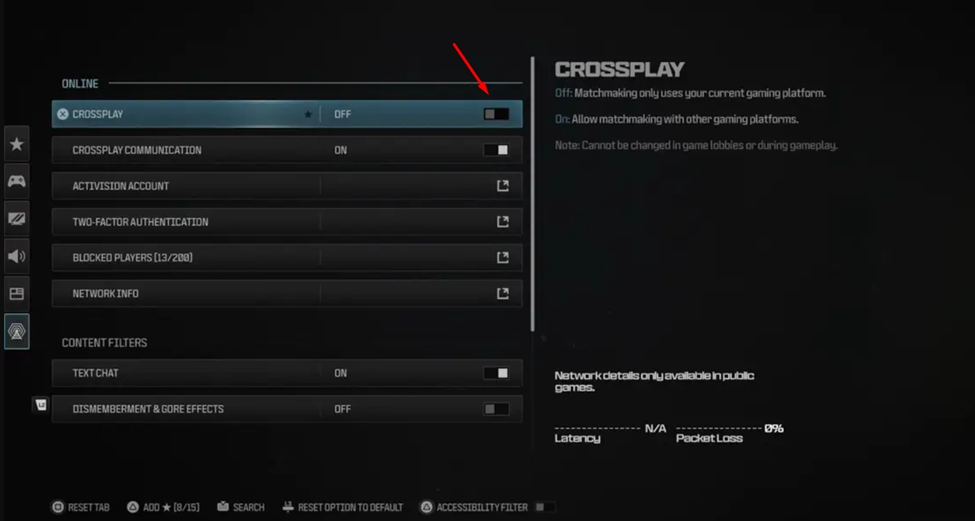 Disabling Crossplay to fix COD MW3 Packet Burst Error on PlayStation