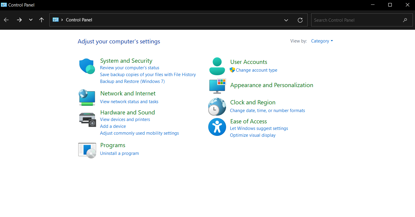 Control Panel Options