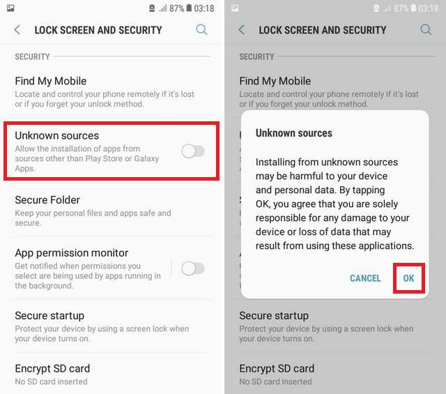 Enabling Third Party App installation from Unknown Sources on Samsung Galaxy Phones