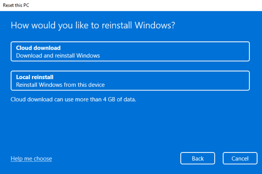 Factory Reset Local reinstalling Windows 11