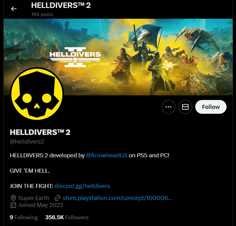 HellDivers 2 Twitter Page