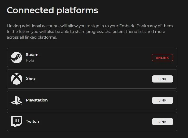 Unlinking Steam Account from Embark